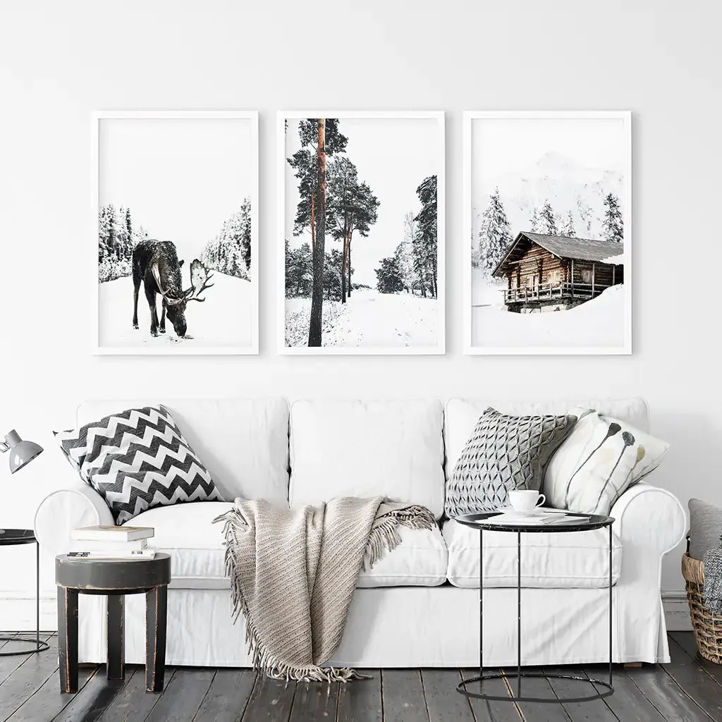 Nordic Winter 3 Piece Photo Set. Pine Forest, Moose, Log Cabin