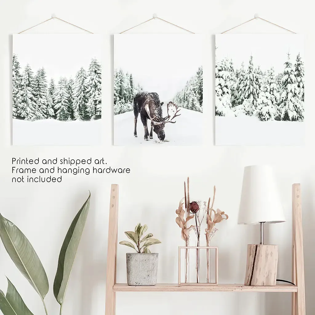 Nordic Winter Wall Art Set of 3. Snowy Forest and Moose