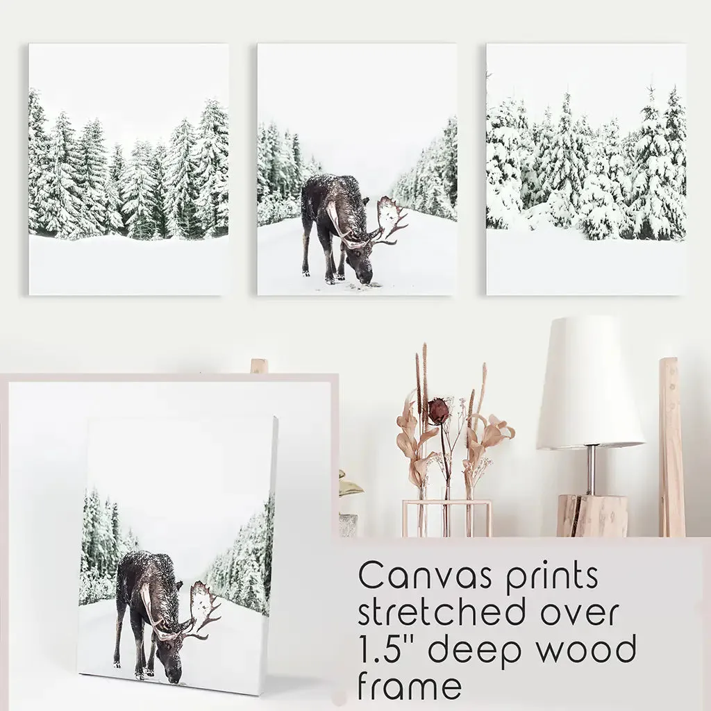 Nordic Winter Wall Art Set of 3. Snowy Forest and Moose