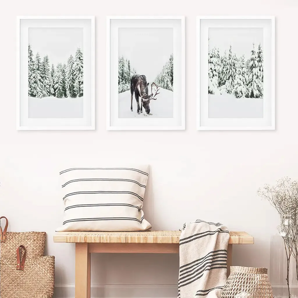 Nordic Winter Wall Art Set of 3. Snowy Forest and Moose