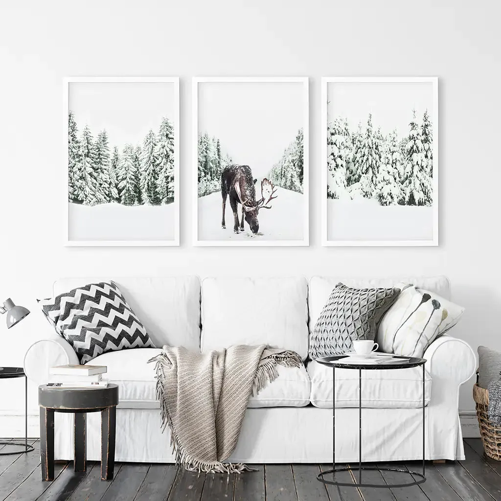 Nordic Winter Wall Art Set of 3. Snowy Forest and Moose