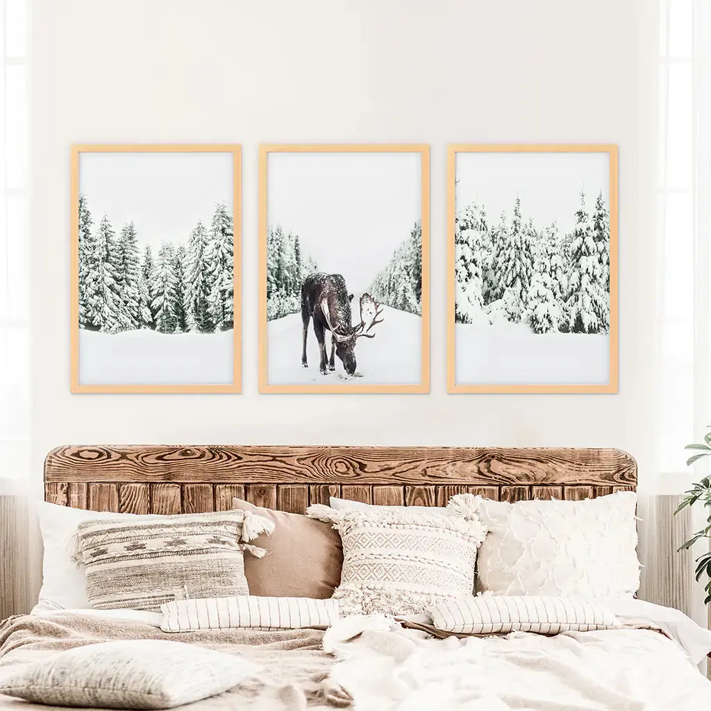 Nordic Winter Wall Art Set of 3. Snowy Forest and Moose