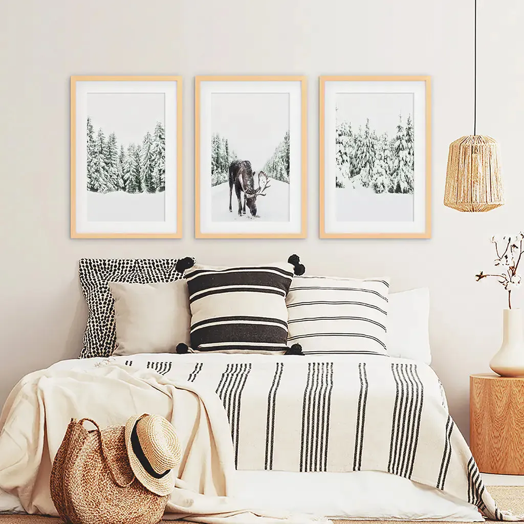 Nordic Winter Wall Art Set of 3. Snowy Forest and Moose