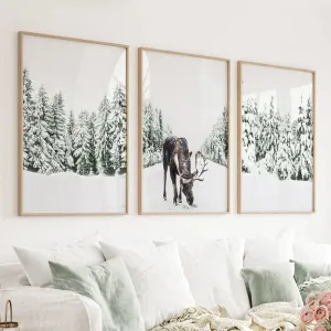 Nordic Winter Wall Art Set of 3. Snowy Forest and Moose