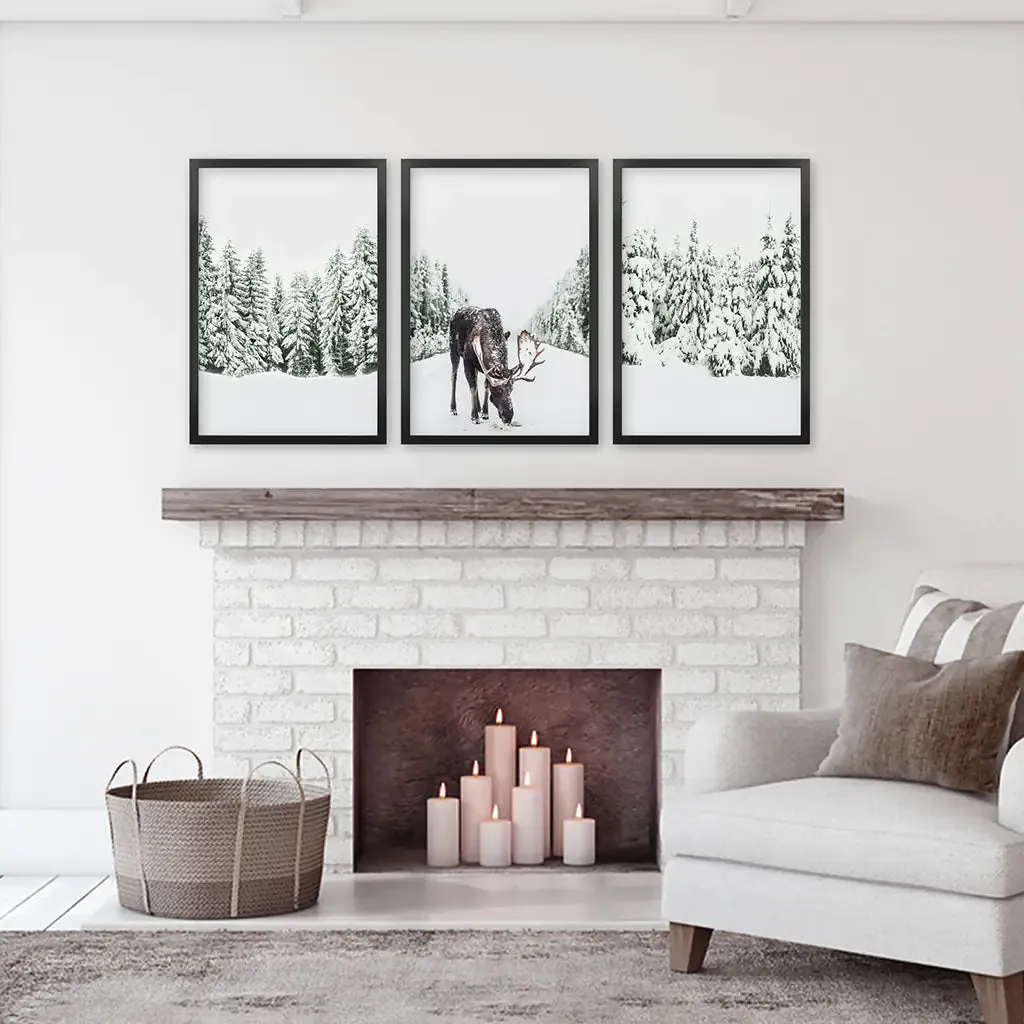 Nordic Winter Wall Art Set of 3. Snowy Forest and Moose