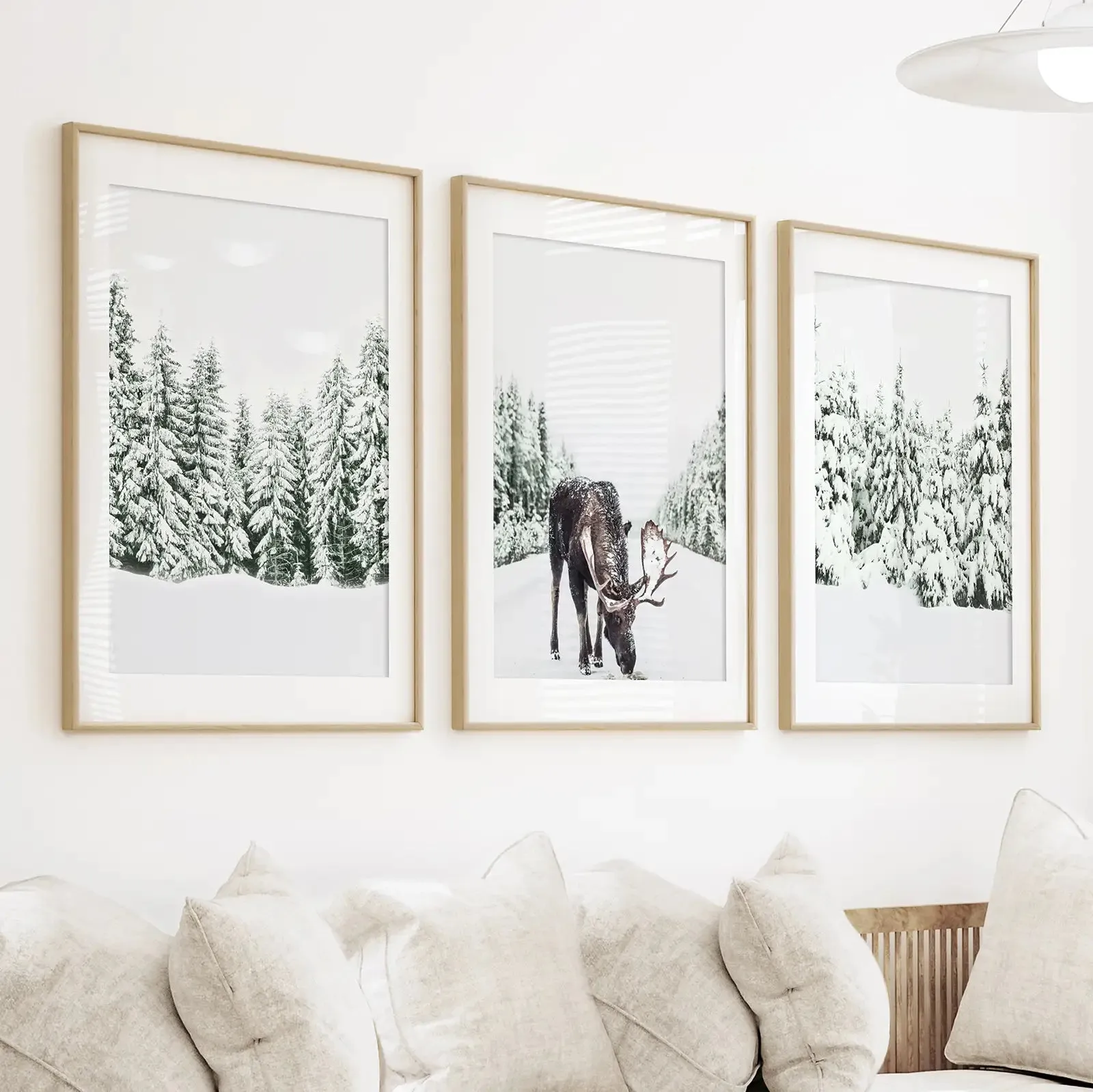 Nordic Winter Wall Art Set of 3. Snowy Forest and Moose