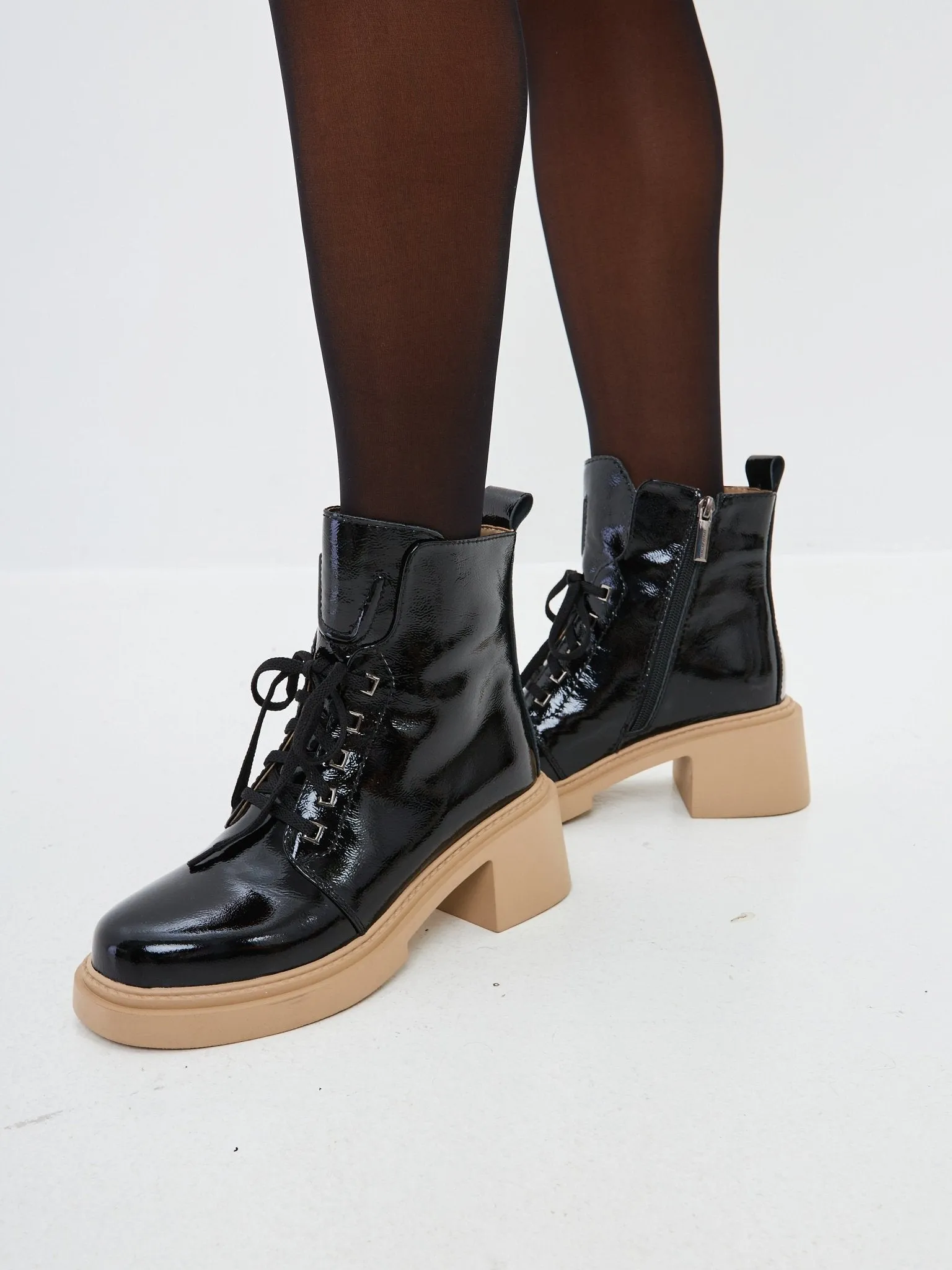 Patent Leather Lace-Up Ankle Boots - Black