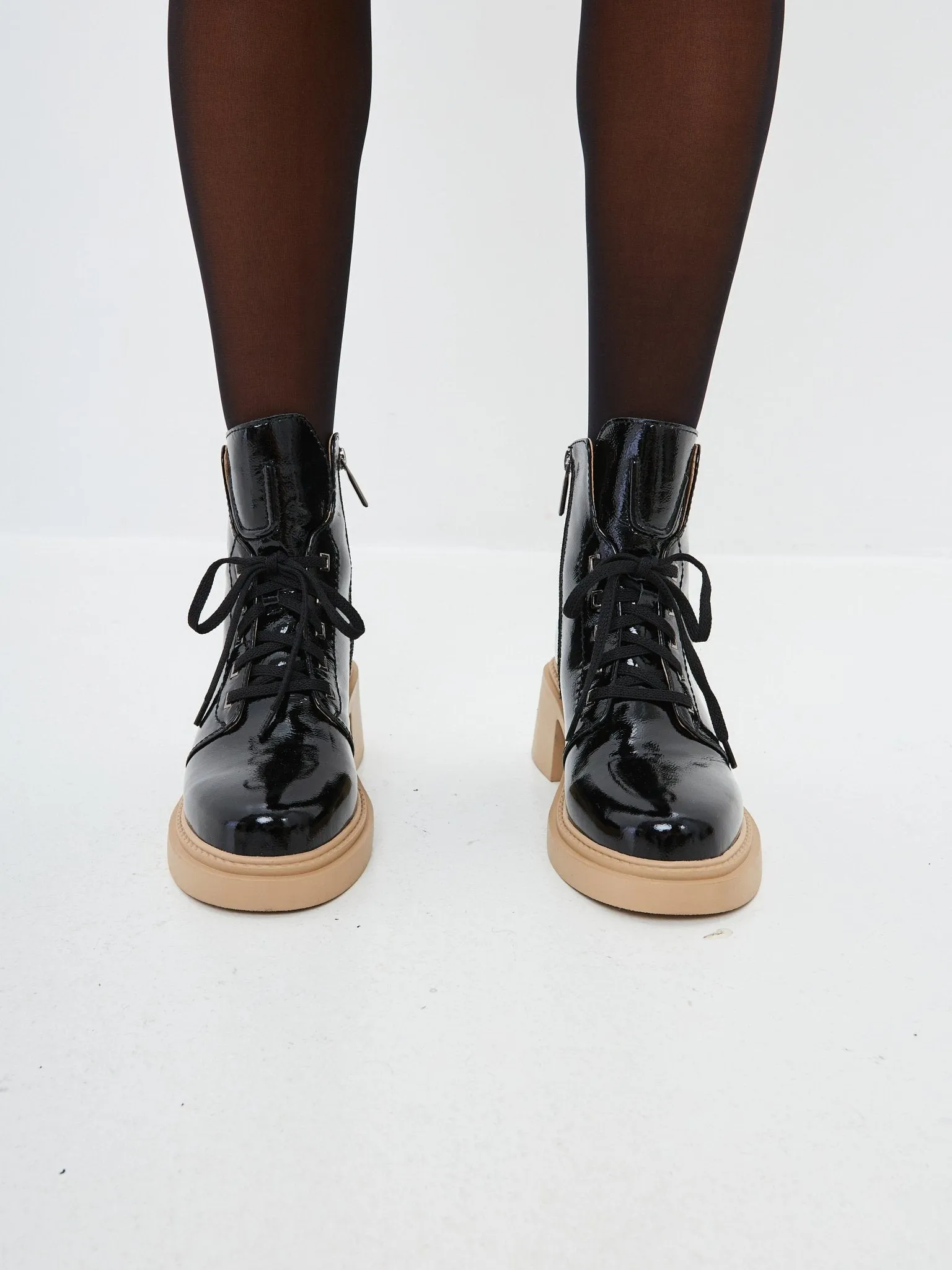 Patent Leather Lace-Up Ankle Boots - Black