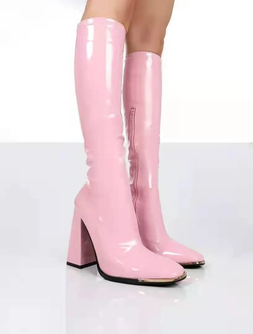 Patent Leather Thick Heel Knee High Boots