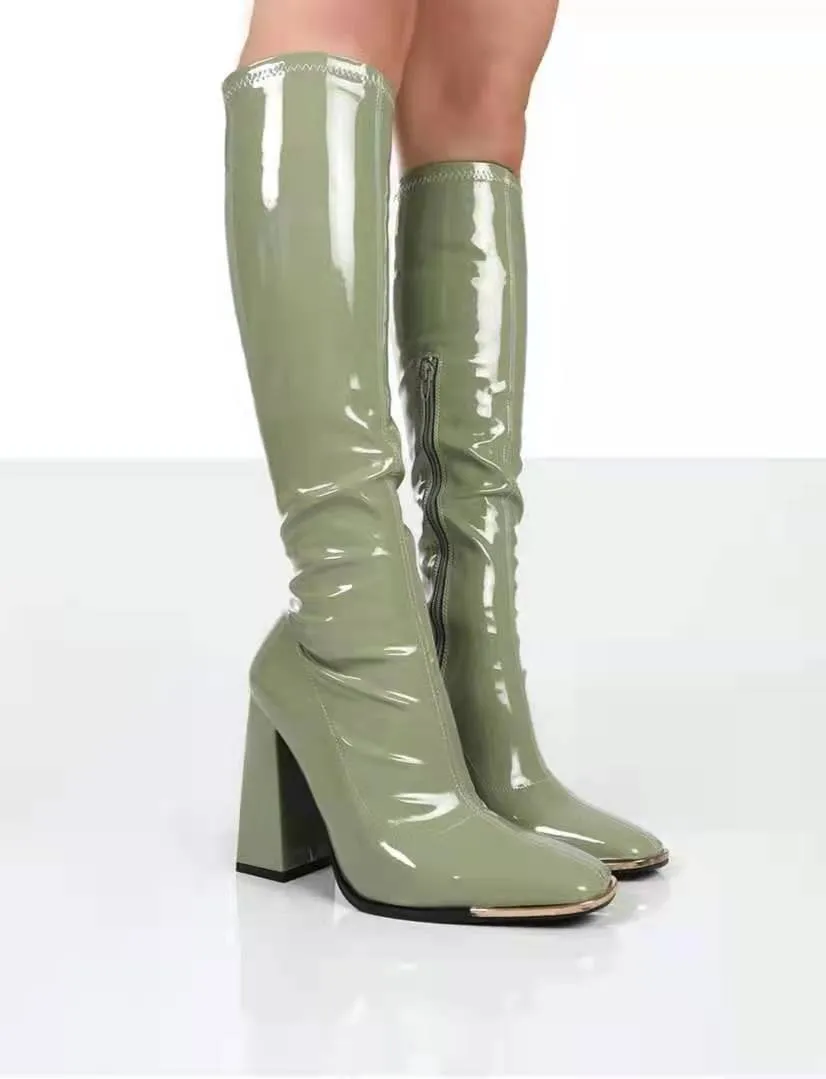 Patent Leather Thick Heel Knee High Boots