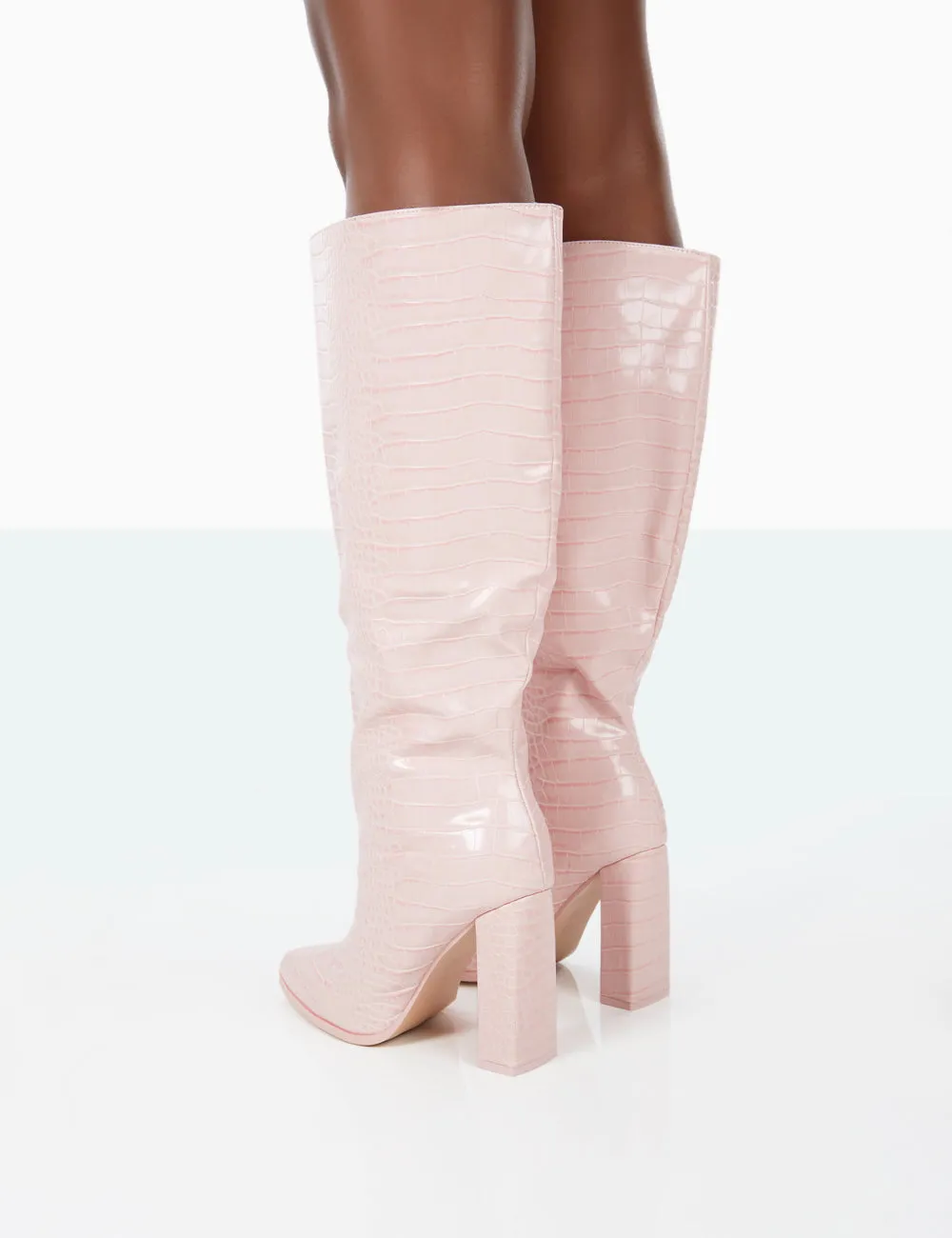 Posie Wide Fit Baby Pink Croc PU Knee High Block Heel Boots