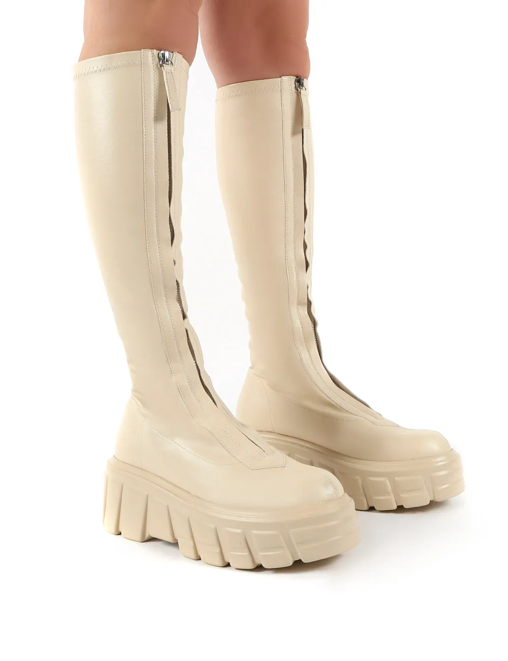 Quest Ecru Zip Up Chunky Sole Knee High Boots