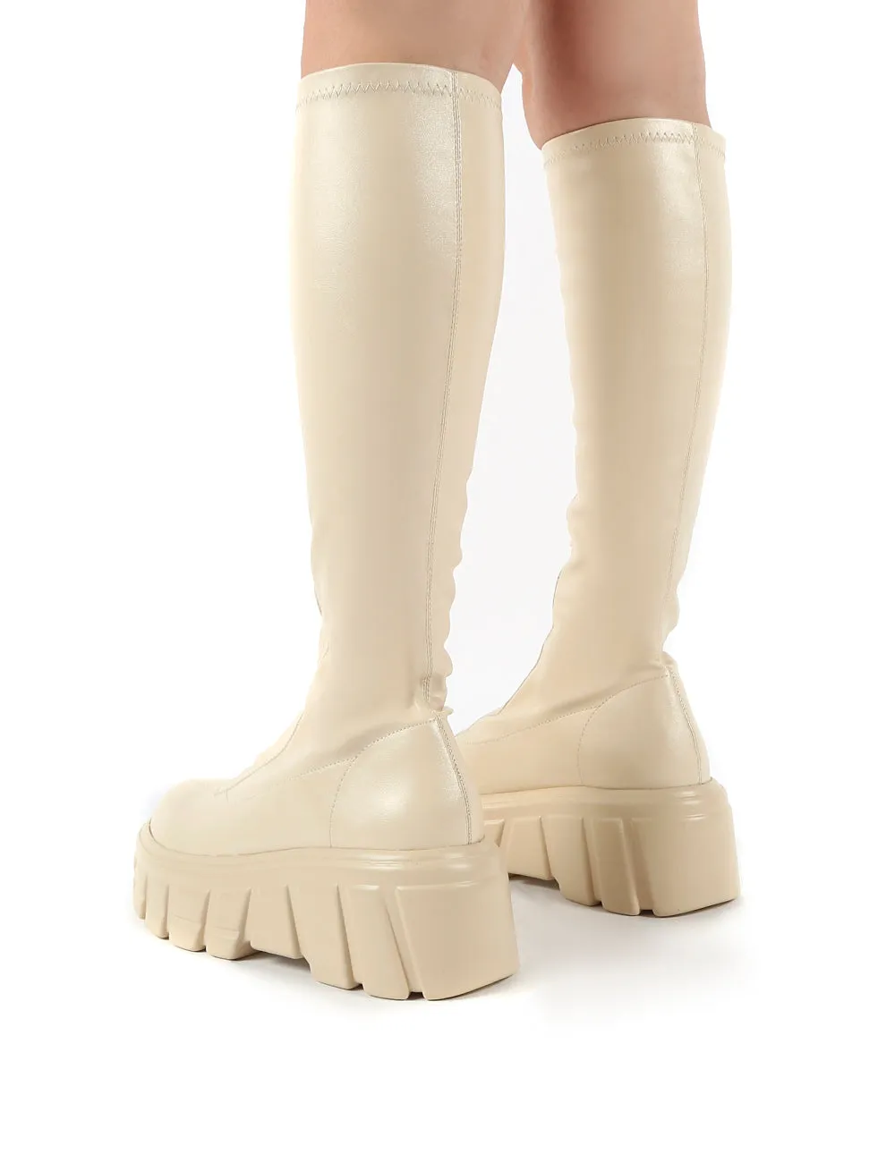 Quest Ecru Zip Up Chunky Sole Knee High Boots