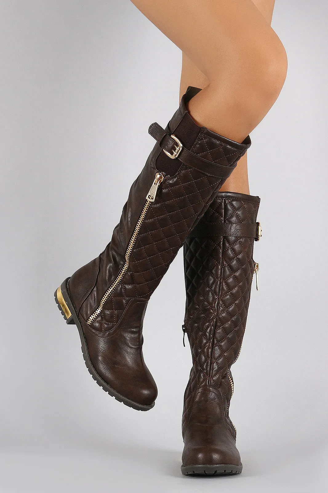 Quilted Zipper Trim Buckle Riding Knee High Boot