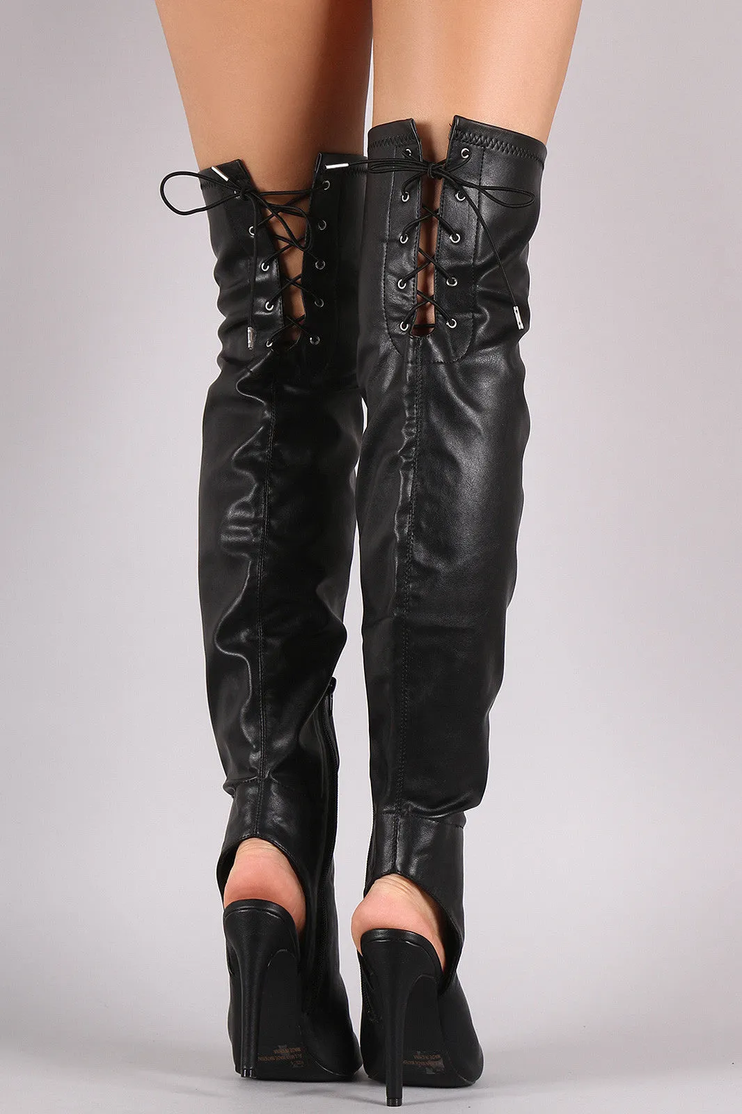 Qupid Leather Peep Toe Over the Knee Boots