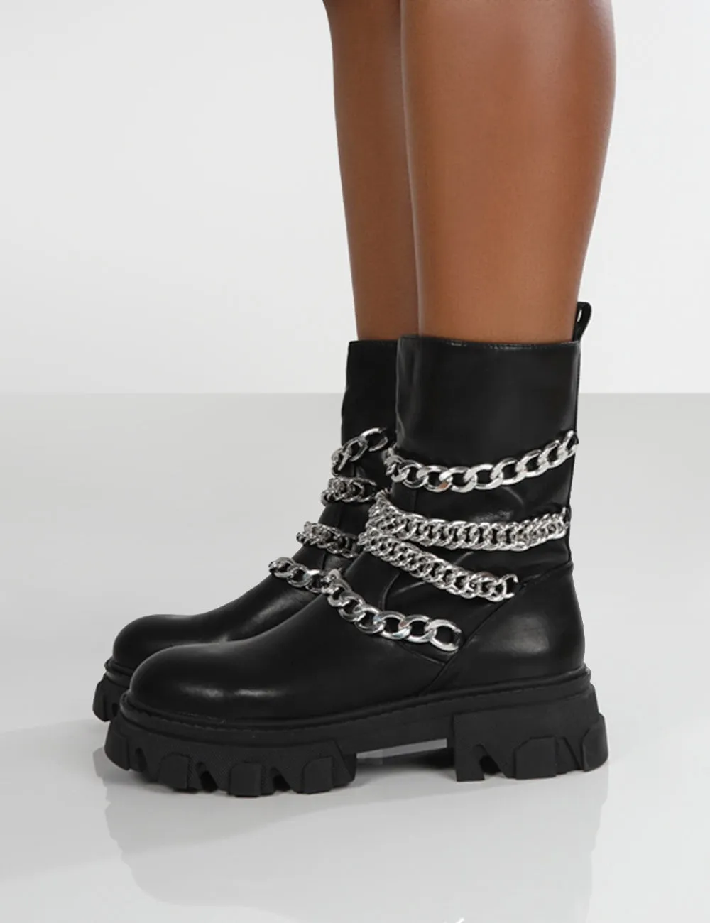 Restrain Black Pu Chain Detail Platform Chunky Sole Ankle Boot