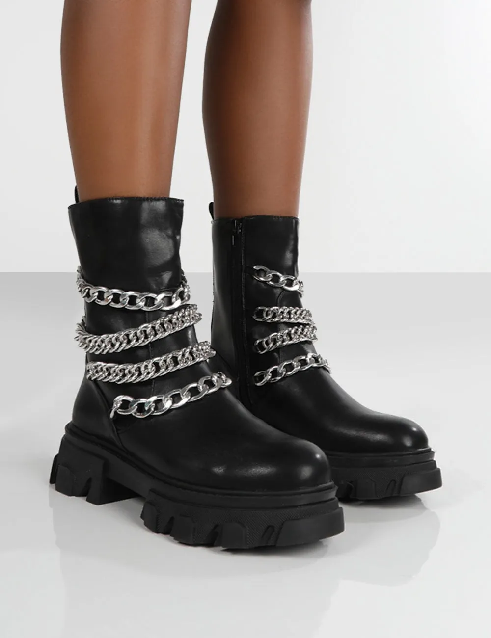 Restrain Black Pu Chain Detail Platform Chunky Sole Ankle Boot