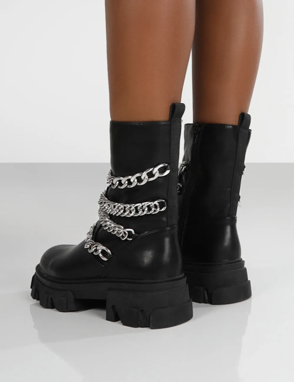 Restrain Black Pu Chain Detail Platform Chunky Sole Ankle Boot