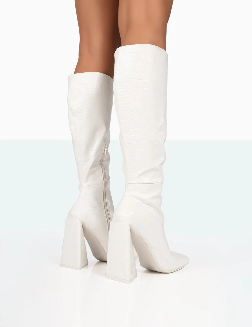 Senna White Croc Pu Knee High Block Heel Boots