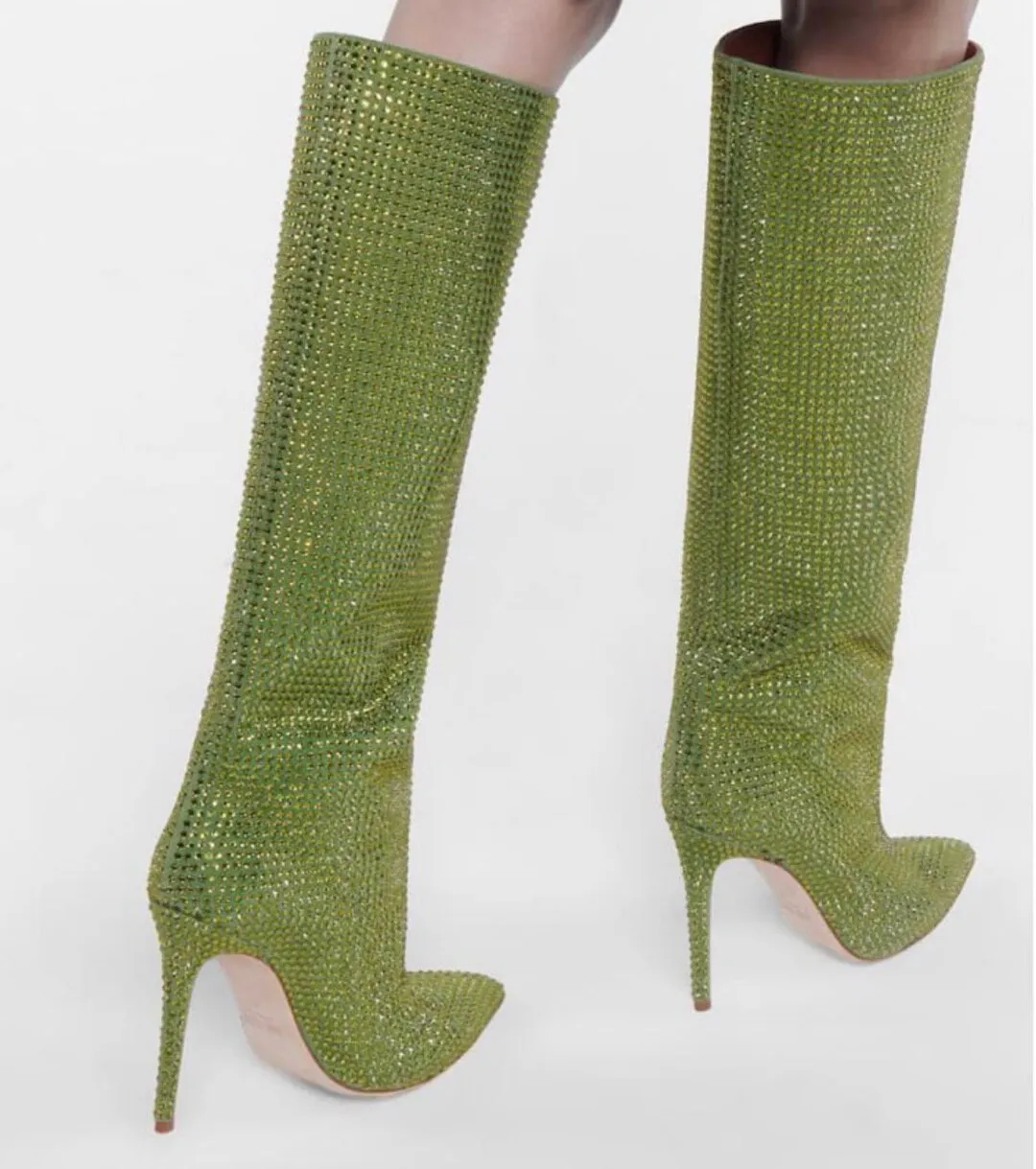 Shiny Crystal Rhinestone Pointed Toe Knee High Boots