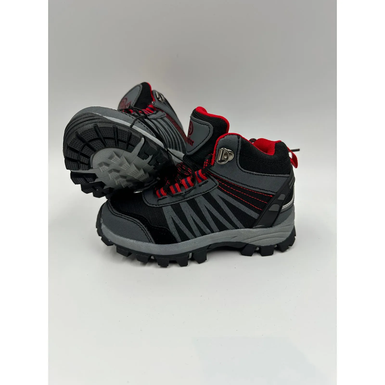 Small Kid Size 12, Black & Gray Hikers w/ Red Accents and Rugged Soles