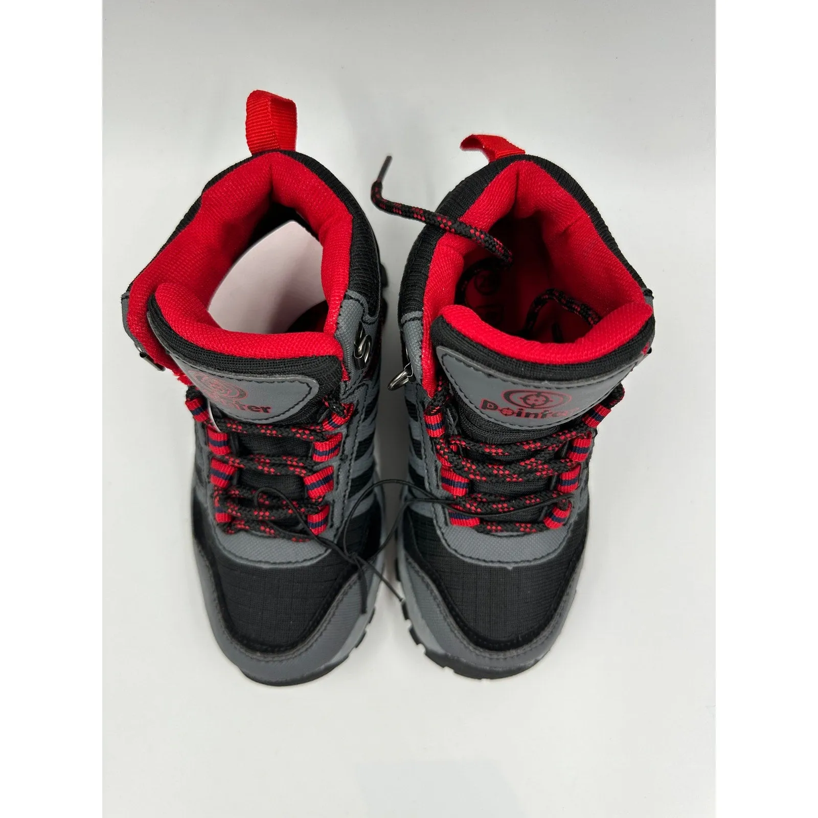 Small Kid Size 12, Black & Gray Hikers with Red Accents and Rugged Soles