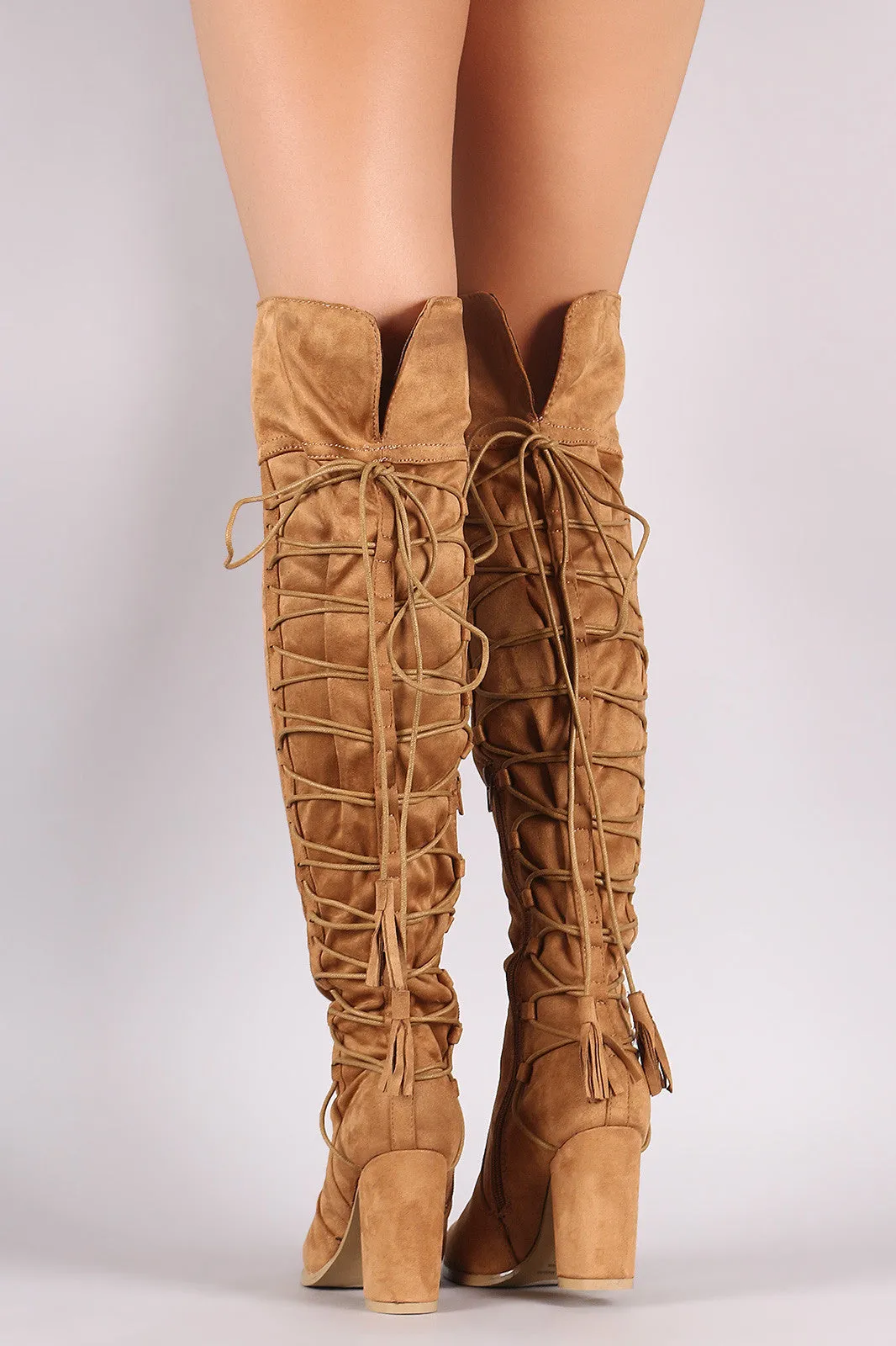 Suede Back Tassel Corset Lace Up Chunky Heeled Over-The-Knee Boots