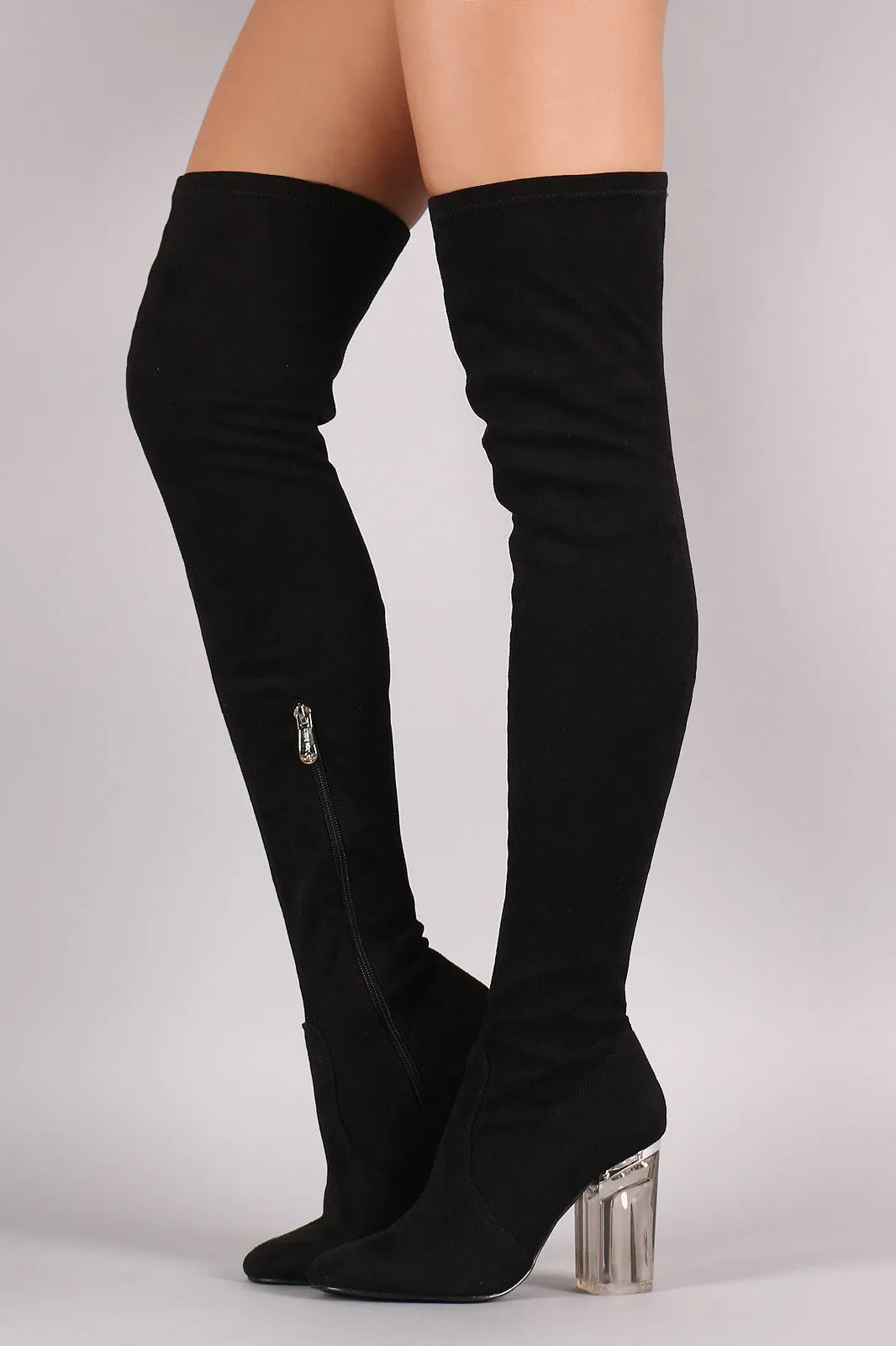 Suede Chunky Lucite Heeled Over-The-Knee Boots