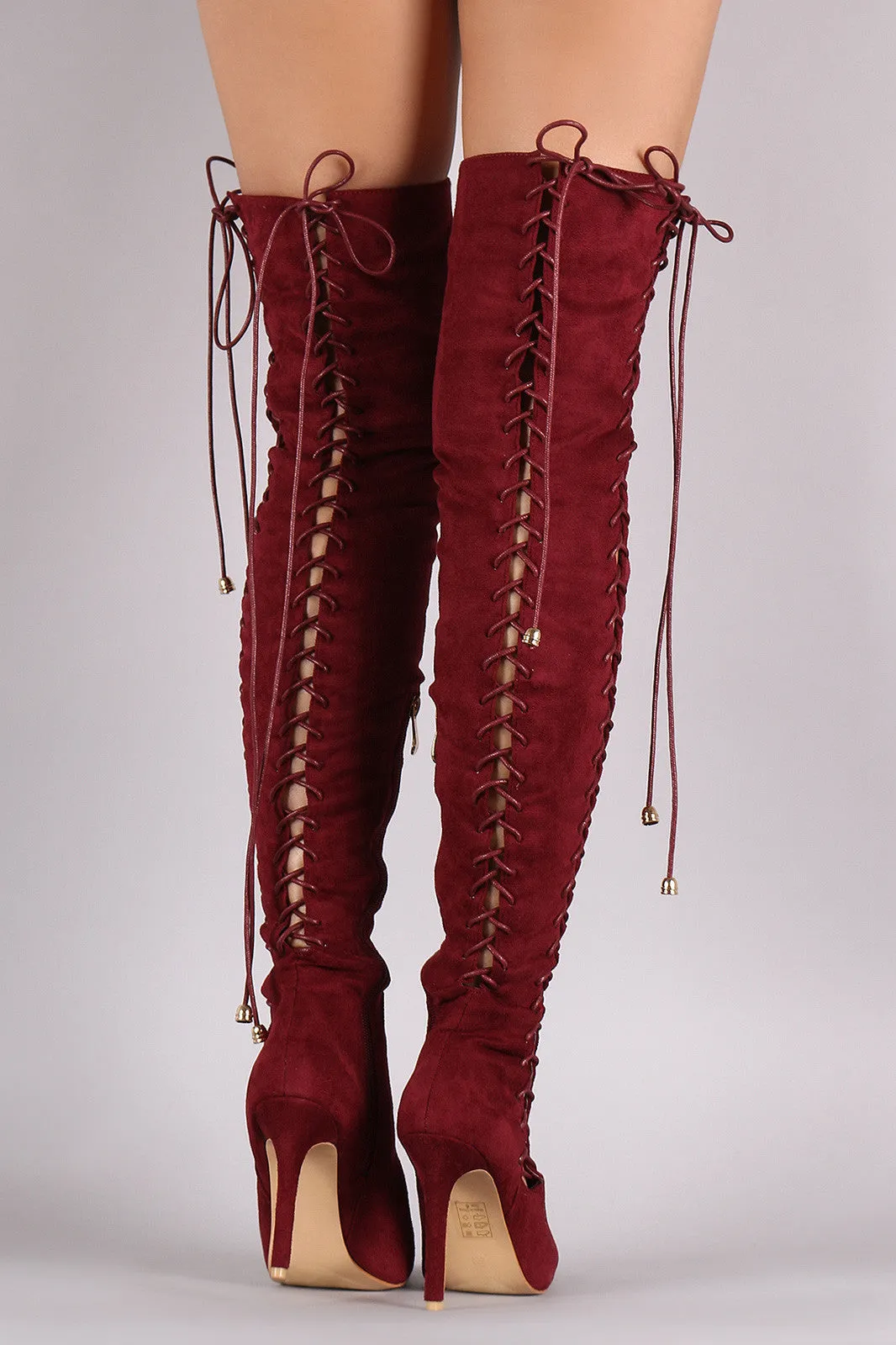 Suede Corset Lace Up Pointy Toe Stiletto Over-The-Knee Boots