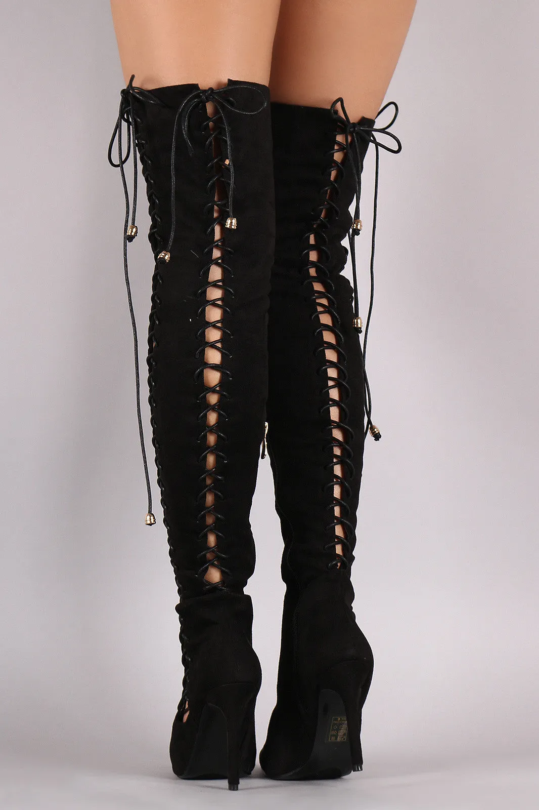 Suede Corset Lace Up Pointy Toe Stiletto Over-The-Knee Boots