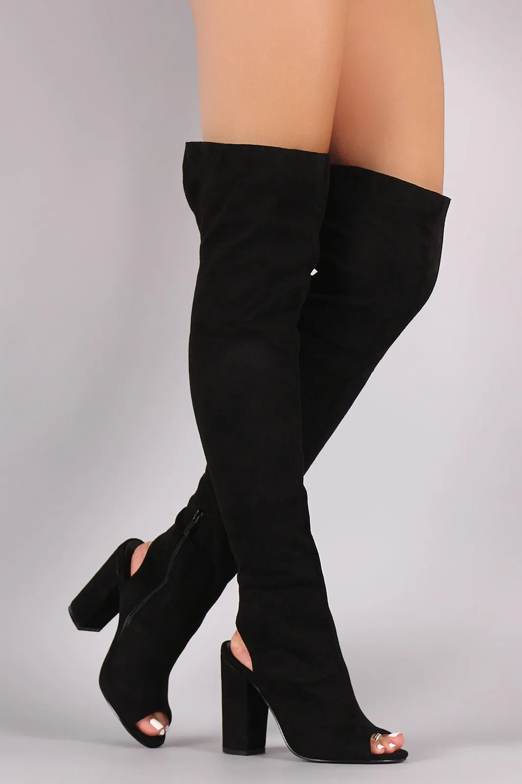 Suede Cutout Chunky Heeled Over-The-Knee Boots