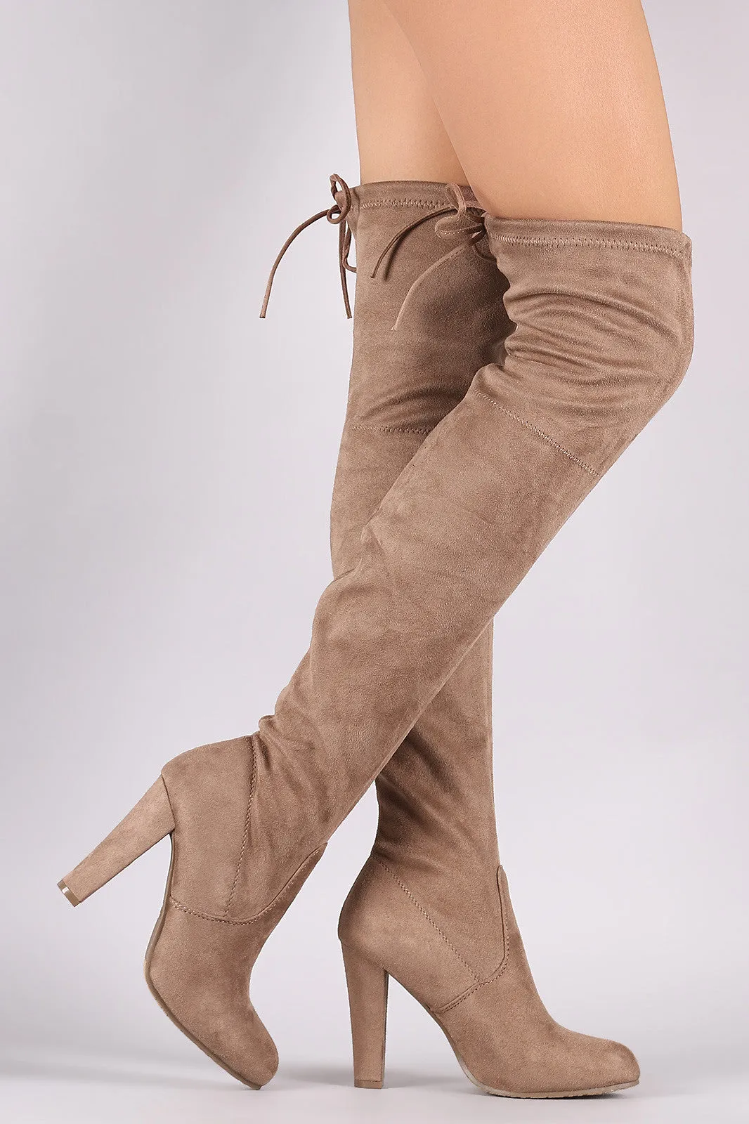 Suede Drawstring Tie Almond Toe Heeled Boots