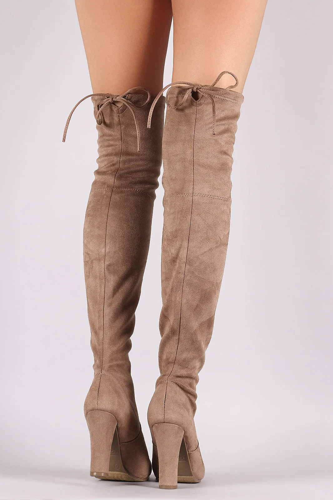 Suede Drawstring Tie Almond Toe Heeled Boots