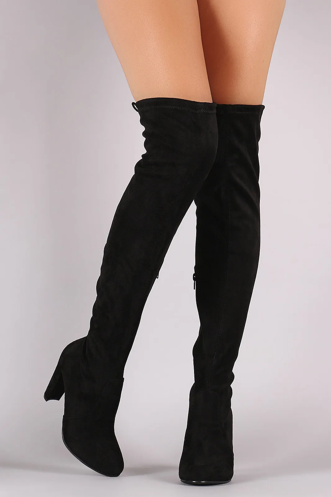 Suede Drawstring Tie Thick Heeled Over-The-Knee Boots