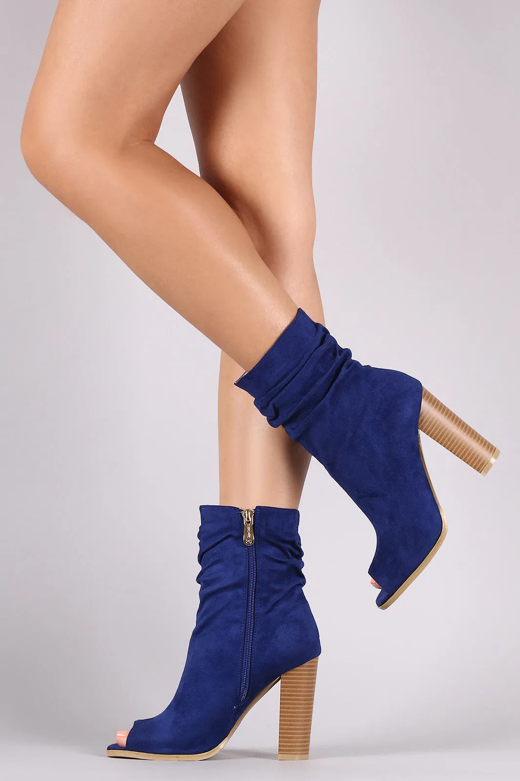 Suede Slouchy Peep Toe Chunky Heeled Ankle Boots