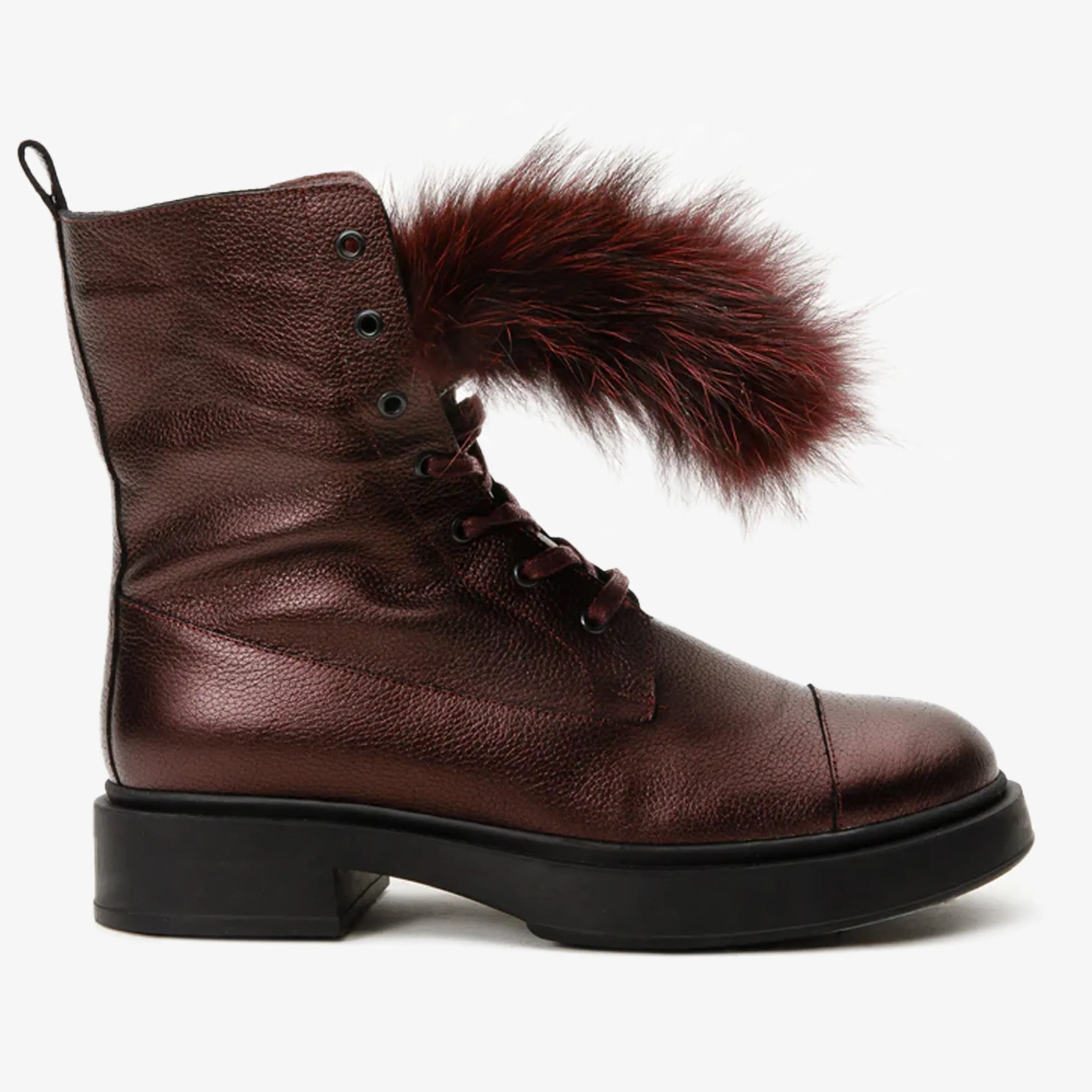 The Kajapati Burgundy Leather Natural Fur Mid Calf Women Boot