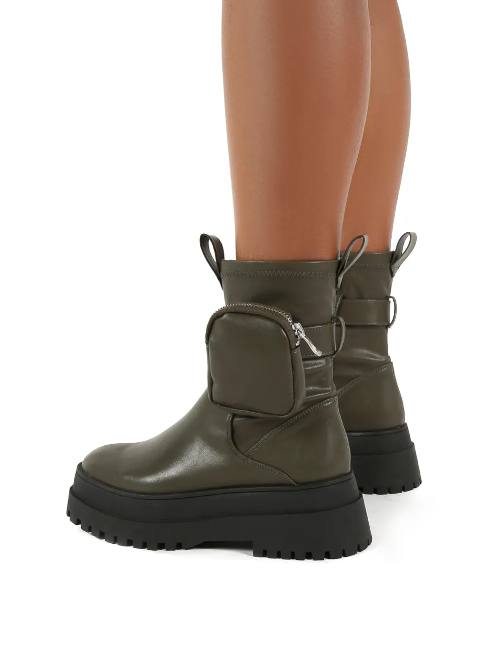 Thought Khaki Pu Wide Fit Pocket Chunky Sole Ankle Boot