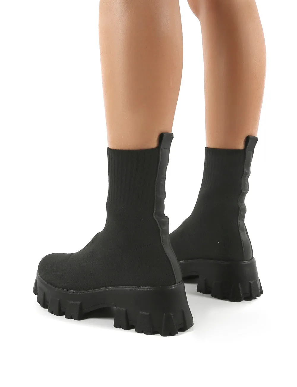 Trust Black Chunky Platform Sole Sock Ankle Boots