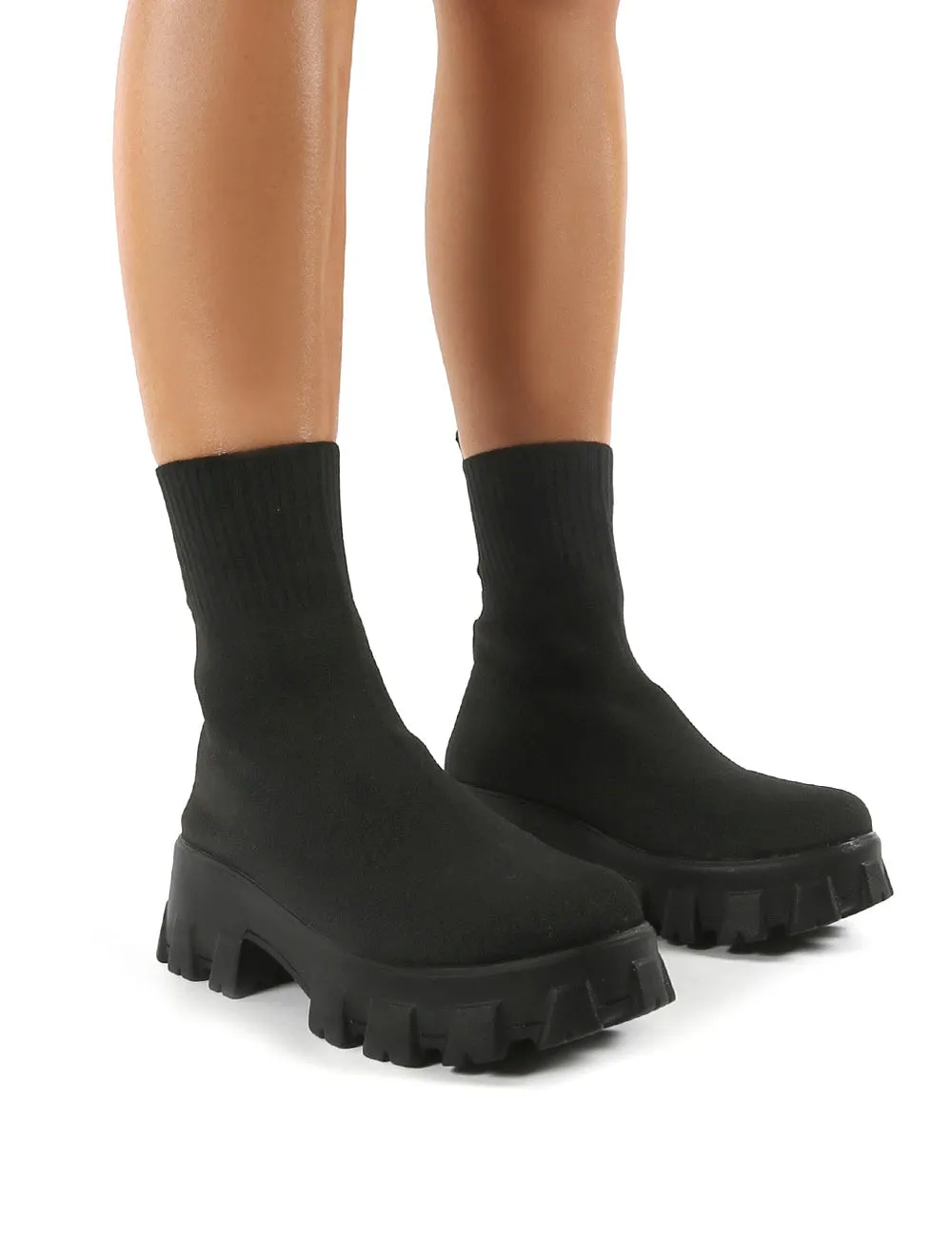 Trust Black Chunky Platform Sole Sock Ankle Boots