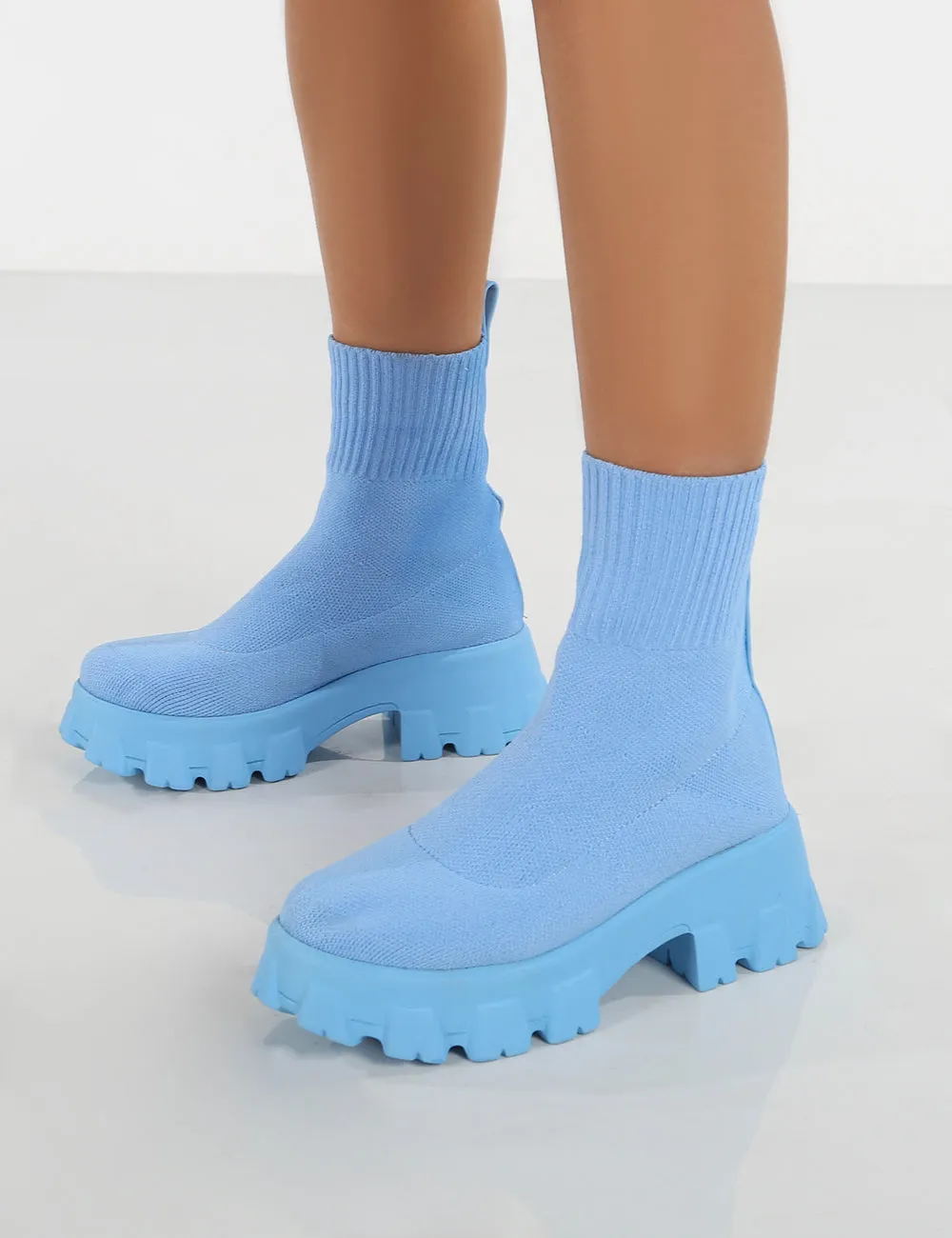 Trust Blue Chunky Sole Platform Sole Sock Ankle Boots