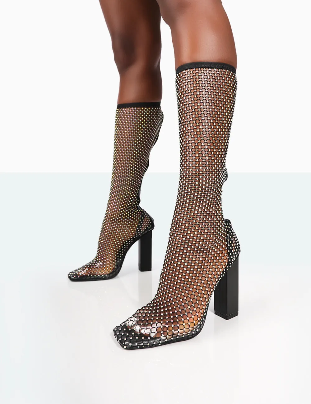 Twinkle Black Sparkly Diamante Fishnet Block Heel Knee High Boots