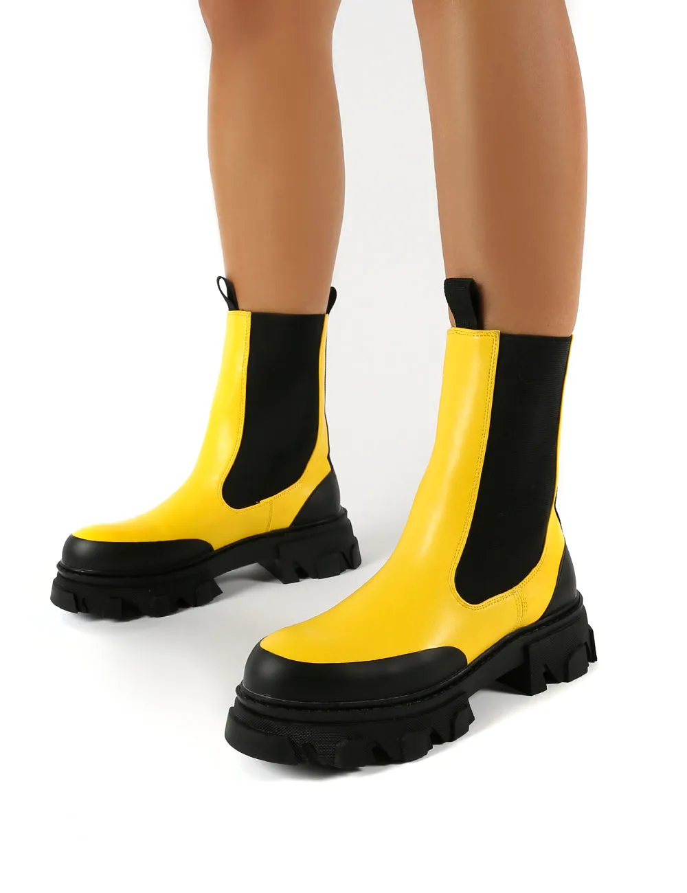 Wonder Yellow PU Chunky Sole Ankle Boots