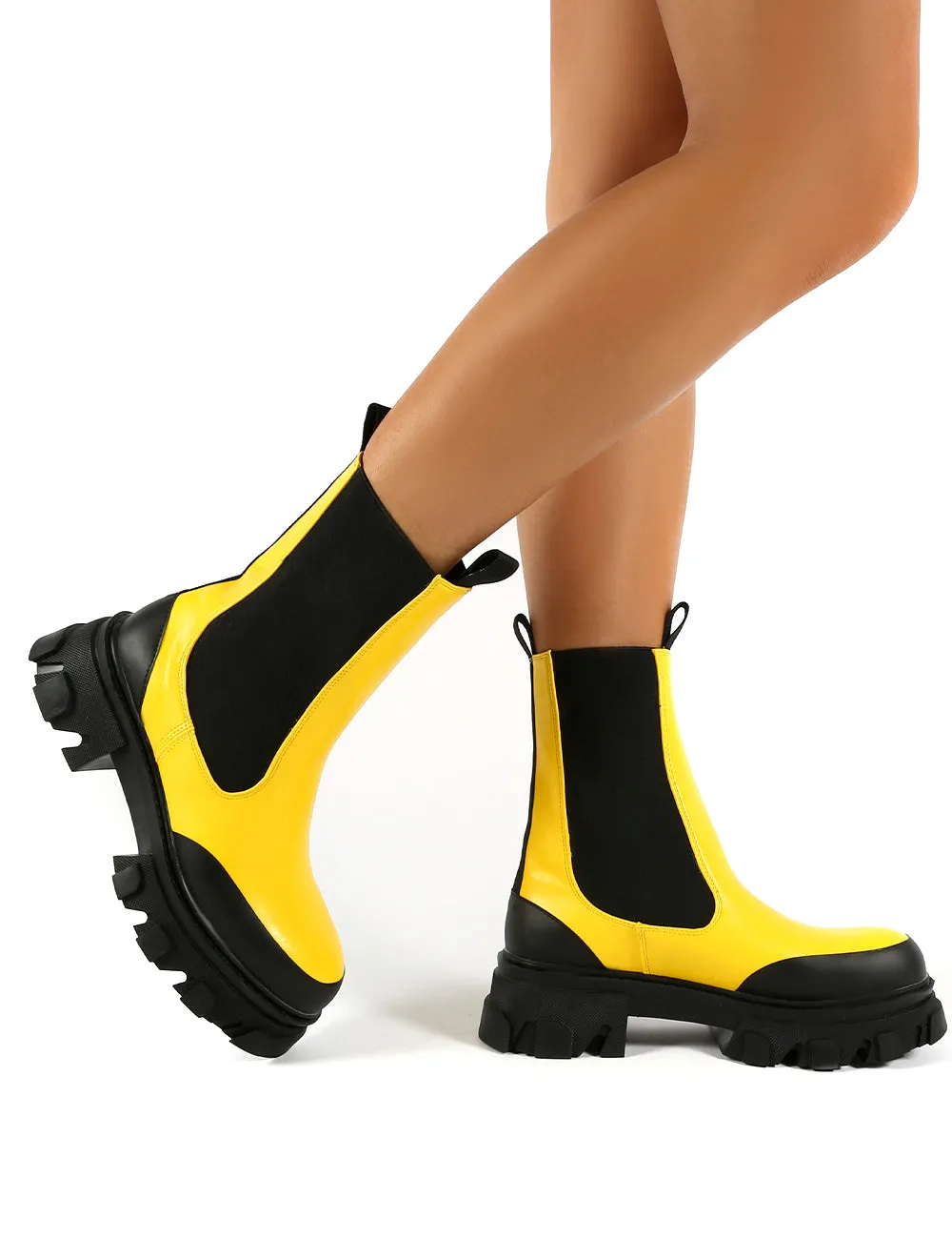 Wonder Yellow PU Chunky Sole Ankle Boots